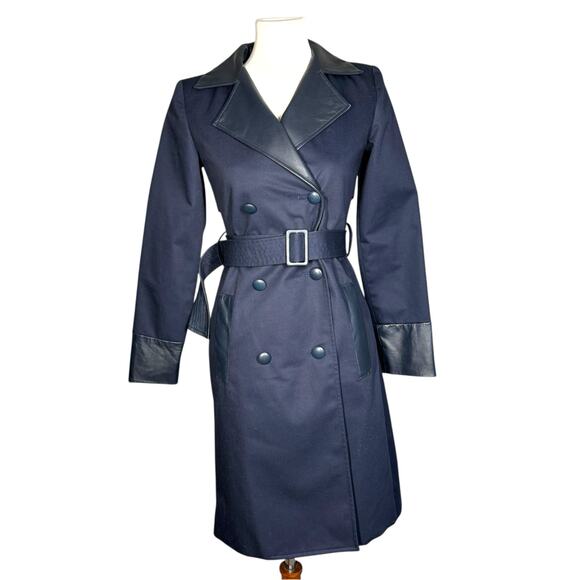 Misha Nonoo Navy Royal Lambskin Leather Trench Coat Size 0 - Picture 9 of 15